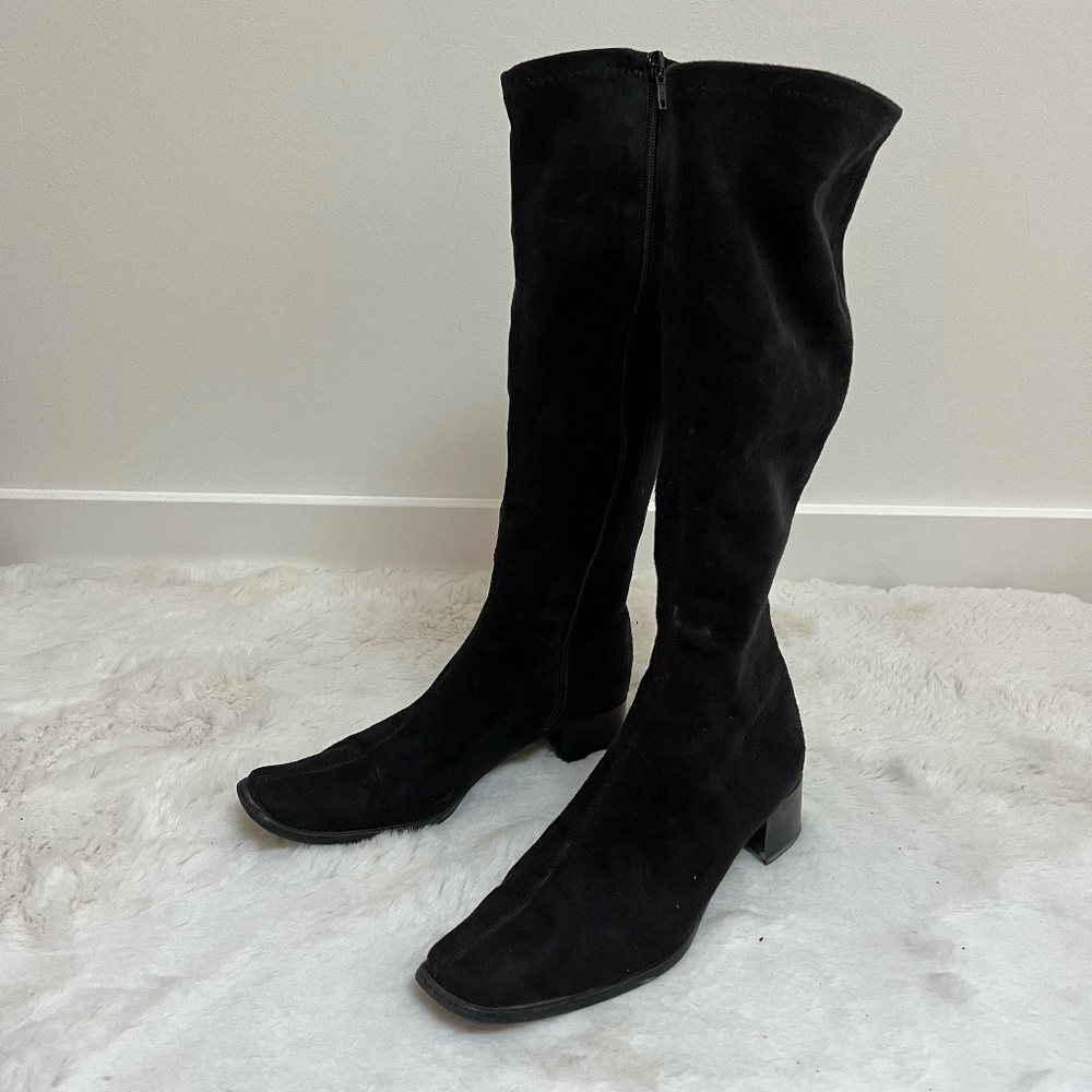 André | Block Heel Faux Suede Square Toe Knee High Black Boots Size US6/EU36